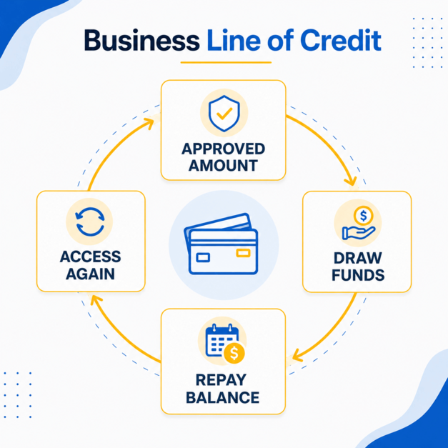 Business line of credit cycle: approved amount, draw funds, repay balance, access again